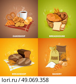  Bakery Breadshop 4 Flat Icons Square. Bakery shop for best quality bread and pastry 4 flat icons square composition banner abstract vector illustration. Стоковая иллюстрация, агентство Ingram Publishing / Фотобанк Лори
