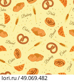 Bakery Bread Seamless Decorative Pattern  . Bakery seamless wrap paper pattern with fresh cakes croissant whole wheat loaf and pretzel abstract vector illustration. Стоковая иллюстрация, агентство Ingram Publishing / Фотобанк Лори