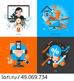 Flat color 2x2 auction concept . Flat color 2x2 auction concept set with trading objects deal bargaining icons and rate graphs vector illustration. Стоковая иллюстрация, агентство Ingram Publishing / Фотобанк Лори