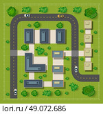 Map of a top view from the rooftops, city streets, trees and highways. Стоковая иллюстрация, агентство Ingram Publishing / Фотобанк Лори