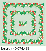 Square frames with Strawberries, flowers and leaves isolated on gray background. Repeated element for seamless ornament. Стоковая иллюстрация, агентство Ingram Publishing / Фотобанк Лори