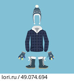 Set of warm winter clothes design. Winter fashion, winter hat, winter coat, cloth and hat, jacket and glove, coat and boot, outerwear seasonal illustration. Man winter clothes. Vector winter clothes. Стоковая иллюстрация, агентство Ingram Publishing / Фотобанк Лори