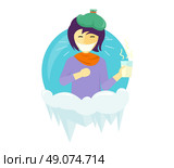 Winter illness season people design. Cold and sick, virus and health, flu infection, fever disease, sickness and temperature, unwell and scarf illustration. Infected infographic. Illness concept. Стоковая иллюстрация, агентство Ingram Publishing / Фотобанк Лори
