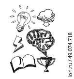 Scetch hand drawn new idea notebook. Idea and innovation new, light bulb, new concept, think outside the box, hand doodle drawn, notebook and sketch, drawing, scribble new idea business illustration. Стоковая иллюстрация, агентство Ingram Publishing / Фотобанк Лори