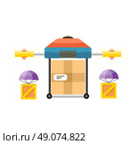 Quadrocopter delivery design flat. Quadrocopter and delivery, drone or multicopter delivery, aerial helicopter delivery, equipment technology, remote wireless and copter delivery illustration. Стоковая иллюстрация, агентство Ingram Publishing / Фотобанк Лори