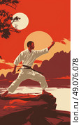 A man in a white karate uniform stands on a clifftop, executing a karate move with his right arm outstretched. The sun sets behind him, creating a red and orange sky. Стоковое AI-изображение, AI-художник Данила Большаков / Фотобанк Лори