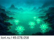 Serene emerald lotus blossoms illuminating still misty mountain lake creating peaceful panorama concept for relaxation yoga retreat visuals. Стоковое AI-изображение, AI-художник Павел Муравьев / Фотобанк Лори