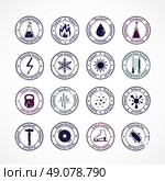 Protection Proof Round Stamps. Protection proof round stamps with shockproof waterproof fireproof soundproof signs in center and explaining text around isolated vector illustration . Стоковая иллюстрация, агентство Ingram Publishing / Фотобанк Лори
