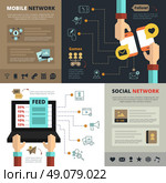 Social Network Features Flat Banners Composition . Mobile social network contacts feed flat banners composition with infographic elements and long hands symbol abstract vector illustration. Стоковая иллюстрация, агентство Ingram Publishing / Фотобанк Лори