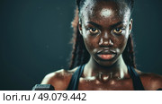 A close-up portrait of a determined female athlete lifting weights during a strenuous workout, showcasing her dedication and focus. Стоковое AI-изображение, AI-художник Данила Большаков / Фотобанк Лори
