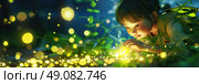 A young girl lies on the ground in a forest, captivated by a firefly. Surrounded by glowing fireflies, she observes the insects light. Стоковое AI-изображение, AI-художник Данила Большаков / Фотобанк Лори