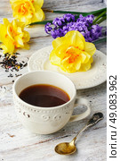 Cup of tea on saucer and fresh flowers tulips and daffodils. Tea and flowers. Стоковое фото, агентство Ingram Publishing / Фотобанк Лори