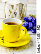 Yellow cup of tea on saucer and bunch of hyacinths. flowers and tea . Стоковое фото, агентство Ingram Publishing / Фотобанк Лори