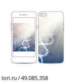 Mobile smartphone with an example of the screen and cover design isolated on white. DNA molecule structure. Science vector.. Mobile smartphone with an example of the screen and cover design isolated on white background. DNA molecule structure on a blue background. Science vector background. Стоковая иллюстрация, агентство Ingram Publishing / Фотобанк Лори