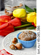 Chocolate cake with hazelnuts. muffin tins and bouquet of fresh cut tulips. Стоковое фото, агентство Ingram Publishing / Фотобанк Лори