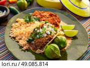Mexican carnitas tacos with salsa and Mexico food ingredients. Стоковое фото, агентство Ingram Publishing / Фотобанк Лори