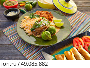 Mexican carnitas tacos with salsa and Mexico food ingredients. Стоковое фото, агентство Ingram Publishing / Фотобанк Лори