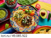Mexican platillo tacos of barbacoa and vegetarian with sauces and colorful table. Стоковое фото, агентство Ingram Publishing / Фотобанк Лори