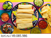 Tamale with corn leaf and sauces guacamole pico de gallo. Стоковое фото, агентство Ingram Publishing / Фотобанк Лори