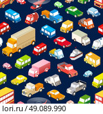 Seamless repeating background of various isometric vehicles, cars, buses and trucks. Стоковая иллюстрация, агентство Ingram Publishing / Фотобанк Лори