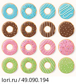 Collection of sixteen glazed colorful donuts with different flavors, vector illustration. Стоковая иллюстрация, агентство Ingram Publishing / Фотобанк Лори