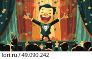 A cartoon man in a tuxedo stands on stage, arms raised, accepting applause from an audience. Стоковое AI-изображение, AI-художник Данила Большаков / Фотобанк Лори