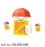 Delivery box. Air mail parachute. Air mail parachute sky, transportation delivery, shipping package delivery, cargo service, moving delivery parcel vector illustration. Box descends on parachute. Стоковая иллюстрация, агентство Ingram Publishing / Фотобанк Лори