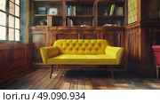A yellow tufted sofa sits in a room with wooden bookshelves. Стоковое AI-изображение, AI-художник Данила Большаков / Фотобанк Лори