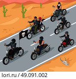 Bikers riding on the highway design. Bike and rider road motorcycle biker, motorbike travel, highway speed, adventure freedom bikers driver, motion transport riding vector illustration. Стоковая иллюстрация, агентство Ingram Publishing / Фотобанк Лори