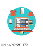 Online shop page smart phone or clothes. Icon buy online, open laptop with a web page of internet shop with a large selection of phones. Payment by credit card via netbook. Vector illustration. Стоковая иллюстрация, агентство Ingram Publishing / Фотобанк Лори