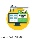 Responsive Design Icon Flat Isolated. Responsive design icon flat isolated. Metallic a sliding caliper take website page dimensions on the screen digital display. Icon badge or emblem flat in a circle isolated. Vector illustration. Стоковая иллюстрация, агентство Ingram Publishing / Фотобанк Лори