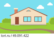 House in nature, sky with clouds. Wooden rural house house with windows, doors and the chimney flue on the green lawn. Day sky with clouds home in nature flat style design. Vector illustration. Стоковая иллюстрация, агентство Ingram Publishing / Фотобанк Лори