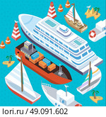 3d isometric set ships. Sea transport. Island and buoy, motorboat and containership, cruise and tanker, cargo shipping, boat transportation, ocean and vessel on blue background. Sea transport vector. Стоковая иллюстрация, агентство Ingram Publishing / Фотобанк Лори