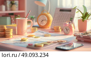 A pink desk with golden coins, calculators, and clocks in a daytime setting. Стоковое AI-изображение, AI-художник Данила Большаков / Фотобанк Лори