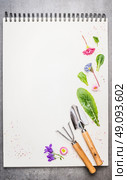 Garden tolls with flowers and petal on blank notebook. Gardening background. Стоковое фото, агентство Ingram Publishing / Фотобанк Лори