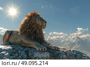 A majestic lion with a full mane rests on a rocky mountaintop, overlooking a breathtaking landscape of snow-capped peaks and a clear blue sky. The bright sunshine illuminates the scene, creating a sense of power and grandeur. Стоковое AI-изображение, AI-художник Данила Большаков / Фотобанк Лори