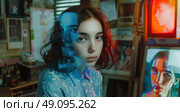 A young woman stands in a cluttered art studio, her face partially obscured by an overlapping image reflection. The studio is decorated with paintings and other artwork, creating a layered and visually stimulating scene. Стоковое AI-изображение, AI-художник Данила Большаков / Фотобанк Лори