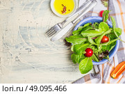 Green country  salad in blue bowl on rustic kitchen table background, top view, place for text. Healthy  lifestyle or detox diet food  concept. Стоковое фото, агентство Ingram Publishing / Фотобанк Лори