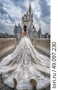 A bride in a long white wedding dress stands with her back to the camera, looking at Cinderellas Castle at Walt Disney World. Стоковое AI-изображение, AI-художник Данила Большаков / Фотобанк Лори