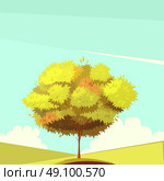 Tree With Root Retro Cartoon Illustration. Autumn tree with root on field in sunny weather retro cartoon flat vector illustration. Стоковая иллюстрация, агентство Ingram Publishing / Фотобанк Лори