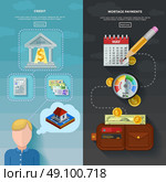 Two Vertical Credit Rating Banners . Two vertical credit rating banners with mortgage payment date in calendar wallet with money and credit score gauge. Стоковая иллюстрация, агентство Ingram Publishing / Фотобанк Лори