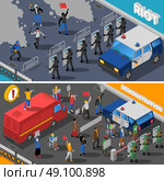  Demonstration Protest Riot 2 Isometric Banners . Civil unrest street riots with molotov cocktail and peaceful demonstration 2 isometric banners abstract isolated vector illustration . Стоковая иллюстрация, агентство Ingram Publishing / Фотобанк Лори