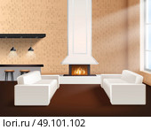 Realistic Loft Interior . Realistic loft interior in minimalistic style concept with two sofas cupboards and fireplace vector illustration. Стоковая иллюстрация, агентство Ingram Publishing / Фотобанк Лори