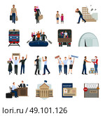 Stateless Refugees Flat Icons Set . Stateless refugees flat icons set with illegal immigrants camps embassy building foreign passport symbols isolated vector illustration. Стоковая иллюстрация, агентство Ingram Publishing / Фотобанк Лори