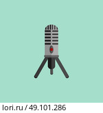 Microphone design flat isolated icon, vintage microphone stand, sound media, record vocal musical web broadcasting microphone vector illustration. Стоковая иллюстрация, агентство Ingram Publishing / Фотобанк Лори
