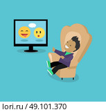 Satirical caricature edition design flat. Young man sitting in a comfortable chair and laughs looking humorous edition edition. Internet site satircal on a smartphone, laptop. Vector illustration. Стоковая иллюстрация, агентство Ingram Publishing / Фотобанк Лори