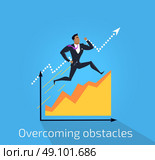 Overcoming Obstacles Banner Design. Overcoming obstacles banner design flat concept. Successful young businessman climbing up the schedule chart overcoming obstacles. Conceptual poster business development. Vector illustration. Стоковая иллюстрация, агентство Ingram Publishing / Фотобанк Лори