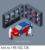 Car Painting Autoservice Isometric Banner. Professional car painting process by auto service garage with paint spraying gun isometric banner abstract vector illustration. Стоковая иллюстрация, агентство Ingram Publishing / Фотобанк Лори