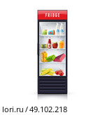 Food In Fridge Realistic Illustration Icon. Modern refrigerator with vegetables dairy and canned products and transparent front panel icon print realistic vector Illustration. Стоковая иллюстрация, агентство Ingram Publishing / Фотобанк Лори