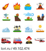 Natural Disaster Flat Icons Collection  . Natural disasters flat icons set with forest fire tsunami wave and earth quake symbols abstract isolated vector illustration  . Стоковая иллюстрация, агентство Ingram Publishing / Фотобанк Лори